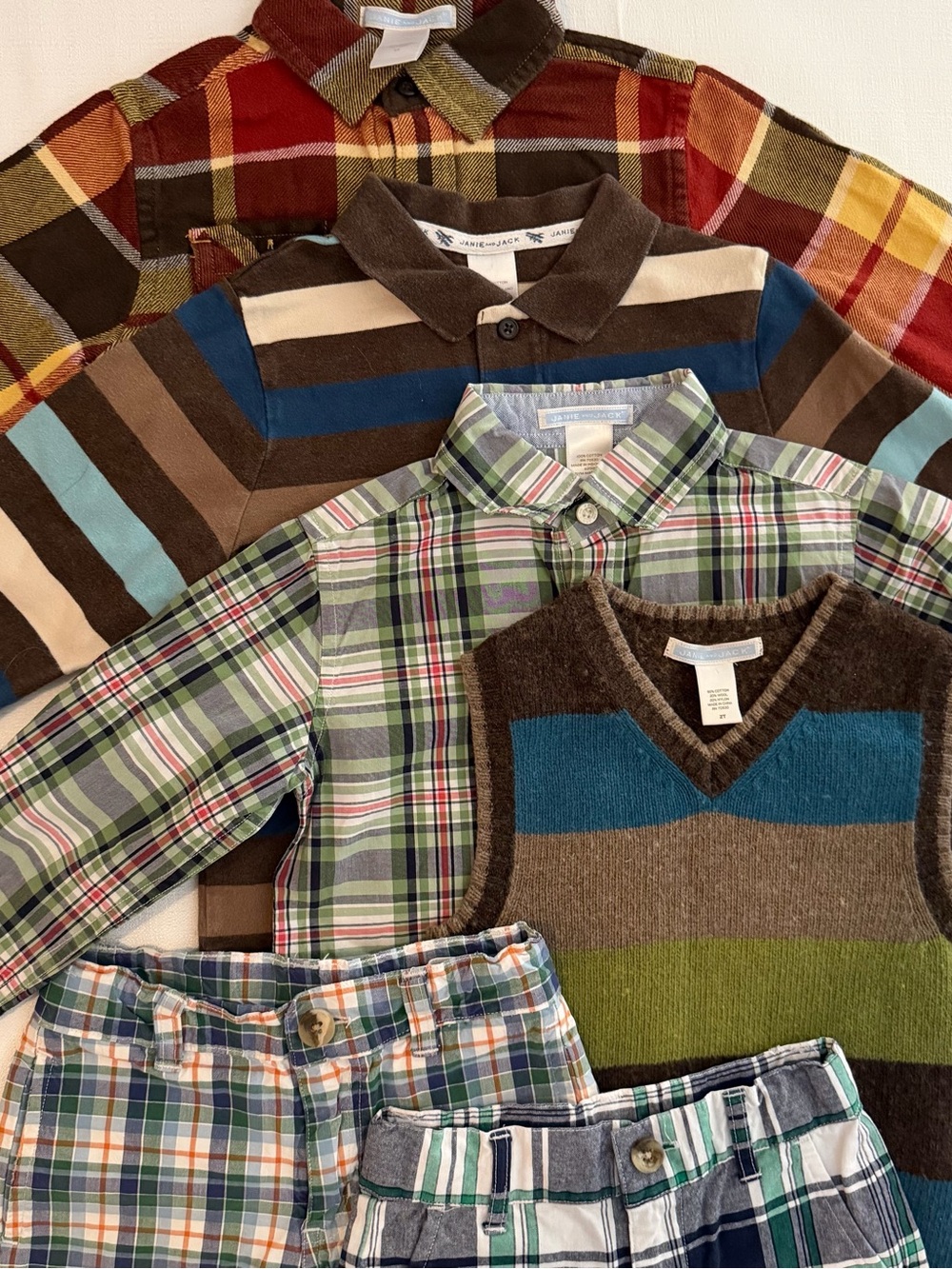 Janie and Jack Boys Mixed Plaid & Stripe Tops in Brown, Green, Blue